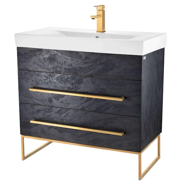 FINE FIXTURES Concordia 36 in. W x 18.11 in. D x 33.50 in. H Bathroom Vanity in Black Marble with White Ceramic Top
