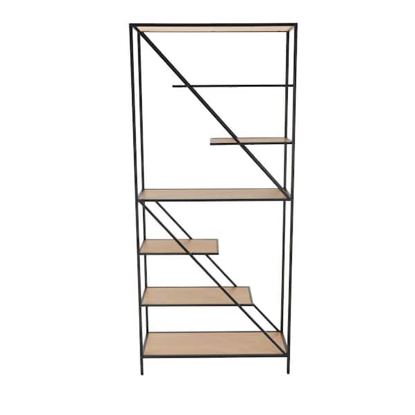Litton Lane 71 in. Tall Brown Wooden Stationary Diagonal Angled Shelving Unit Bookcase with Black Metal Frame