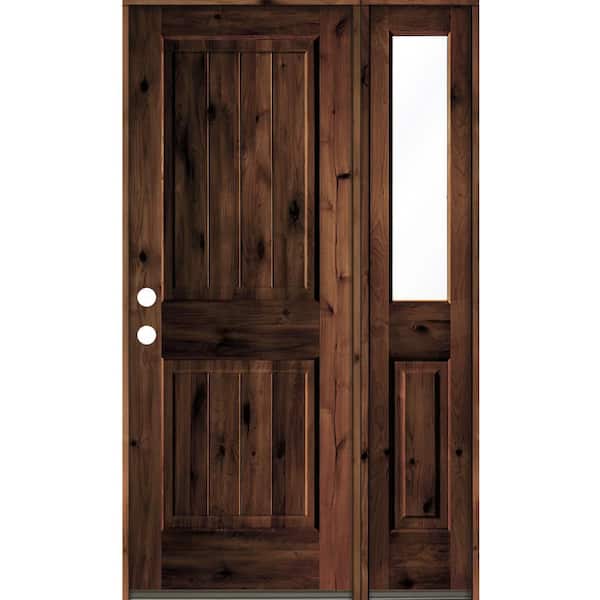 Krosswood Doors 44 in. x 80 in. Knotty Alder Square Top Right-Hand/Inswing Clear Glass Red Mahogany Stain Wood Prehung Front Door w/RHSL