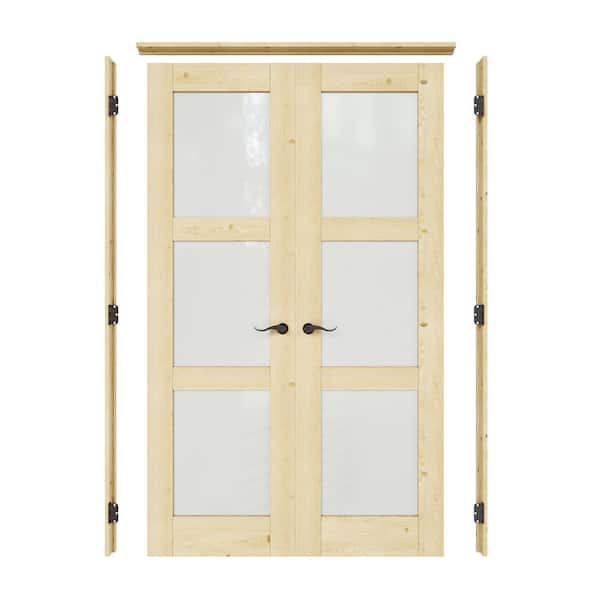 ARK DESIGN 48 in. x 80 in. 3-Lite Frosted Glass Universal Solid Core Glass Double Prehung Interior Door with Quick Assemble Jamb