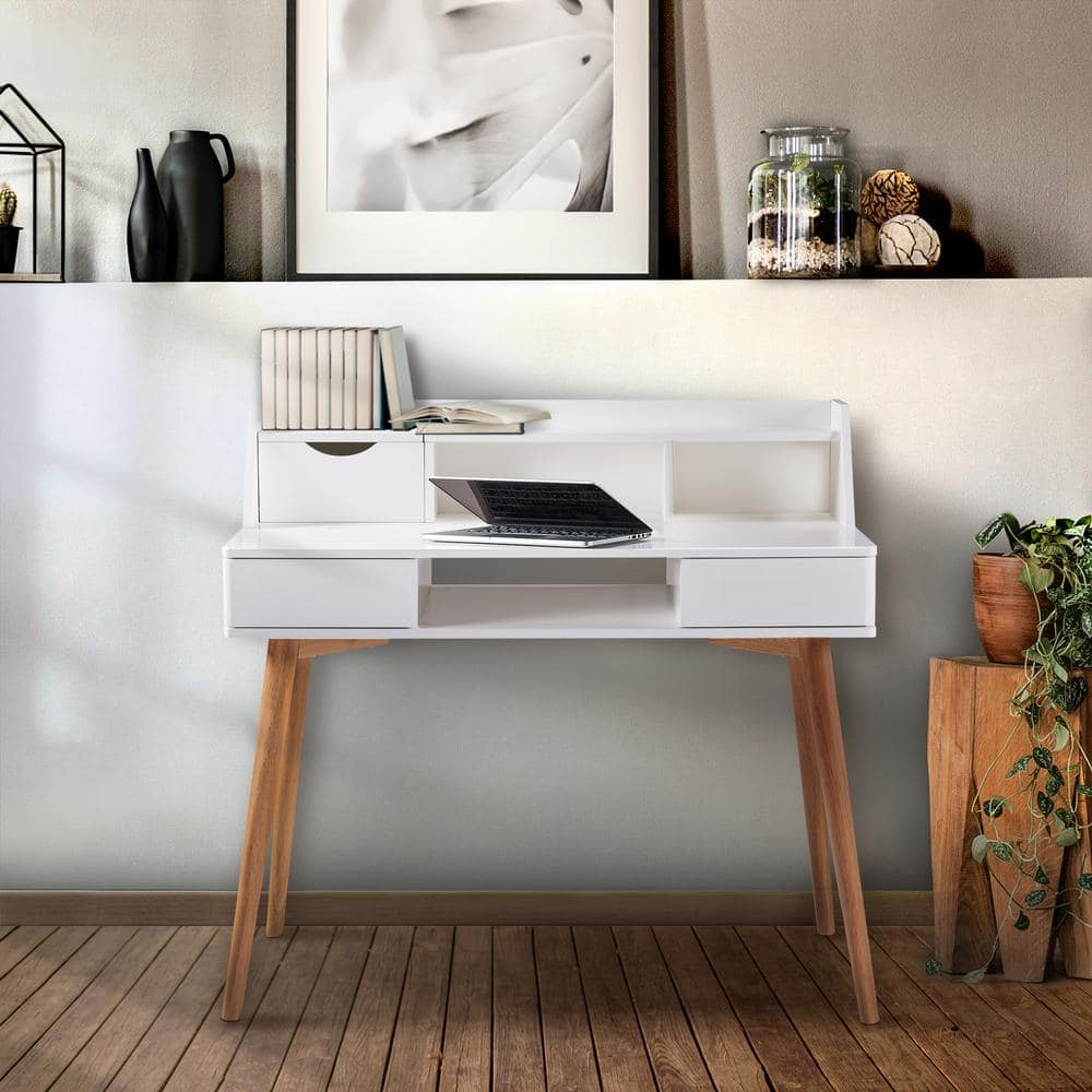 Modern White/Natural Wood Writing Desk with Hutch and Drawers