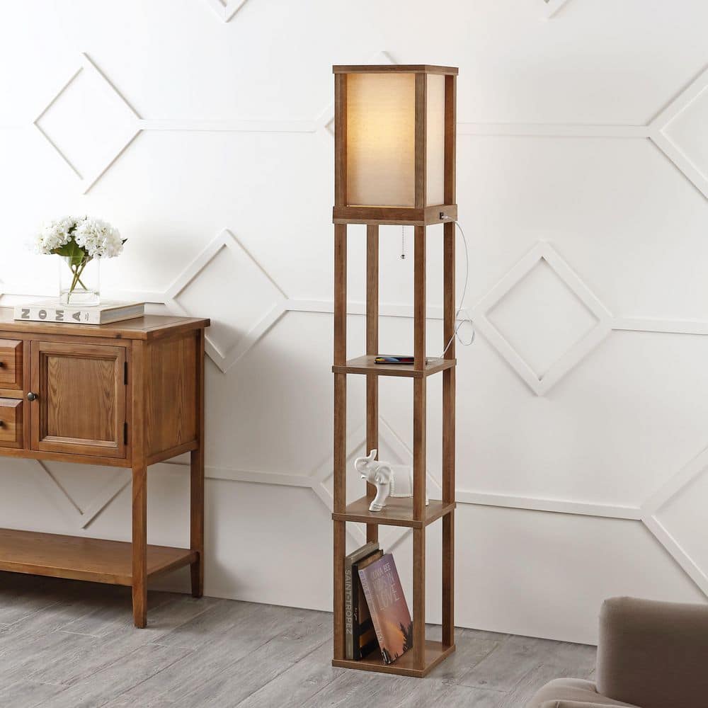 63.5" Beige Wooden 3-Shelf Floor Lamp with USB Port