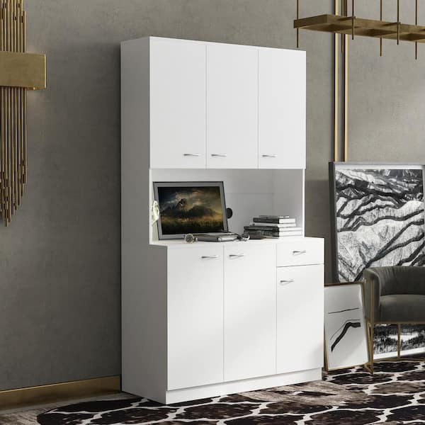 Aiho 66.9 H Kitchen Pantry Storage Cabinet with 2 Drawers and Glass Doors  for Kitchen - White 