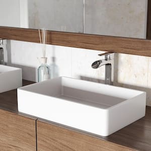 Matte Stone Magnolia Composite Rectangular Vessel Bathroom Sink in White with Niko Faucet and Pop-Up Drain in Chrome