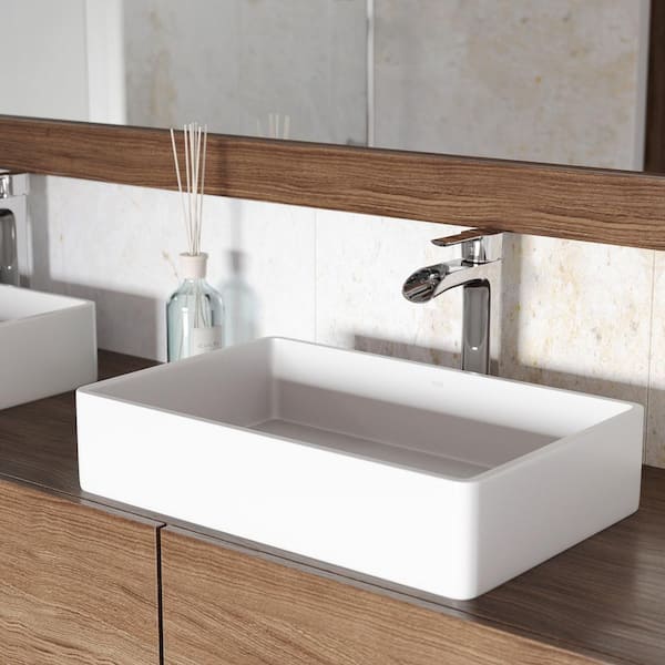 VIGO Matte Stone Magnolia Composite Rectangular Vessel Bathroom Sink in White with Niko Faucet and Pop-Up Drain in Chrome