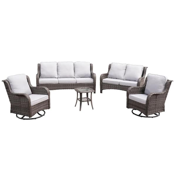 XIZZI Monet Gray 5-Piece Wicker Patio Conversation Seating Sofa Set with Gray Cushions and Swivel Rocking Chairs
