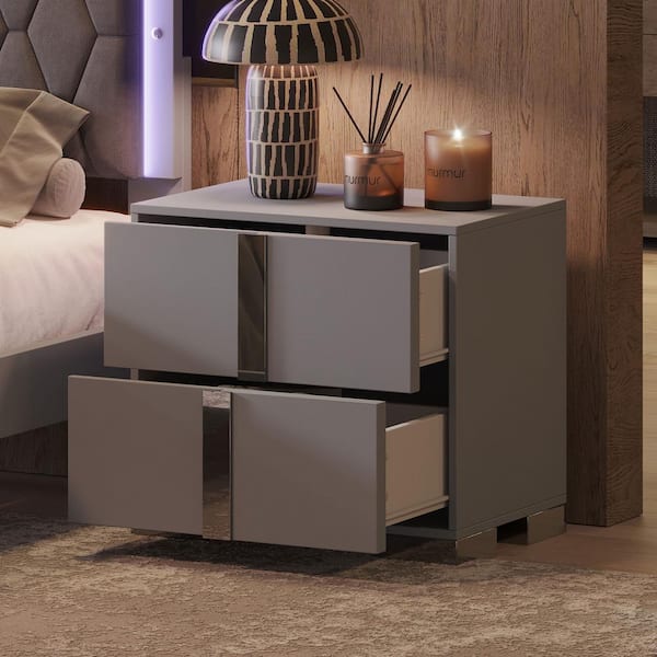 Polibi Elegant Wood Nightstand with Metal Handle, Mirrored Bedside Table with 2-Drawers, Gray