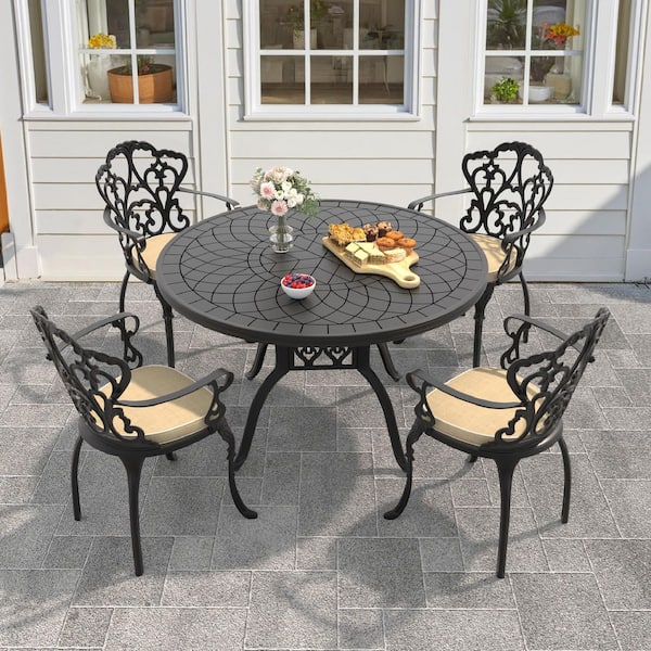 Lily Black 5-Piece Cast Aluminum Outdoor Dining Set with Round Table and Dining Chairs with Random Color Cushion