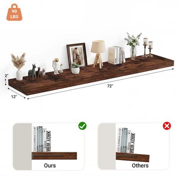 72 in.W x 12 in.D Floating Shelves,Long Wall Shelf,Rustic Wood