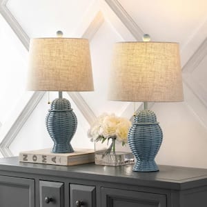 Margie Wicker 20.5 in. Bohemian Rustic Iron LED Table Lamp Set with Rattan Base and Linen Shade, Blue (Set of 2)