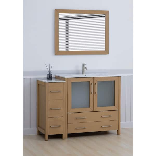 48 in. W x 18 in. D x 36 in. H Natural Oak Bath Vanity with White Ceramic Top and Mirror