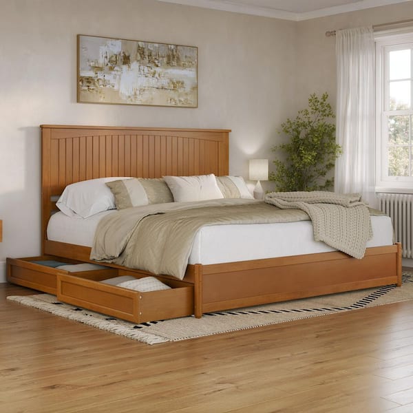Malta Light Toffee Natural Bronze Solid Wood Frame King Platform Bed Panel Footboard Storage Drawers
