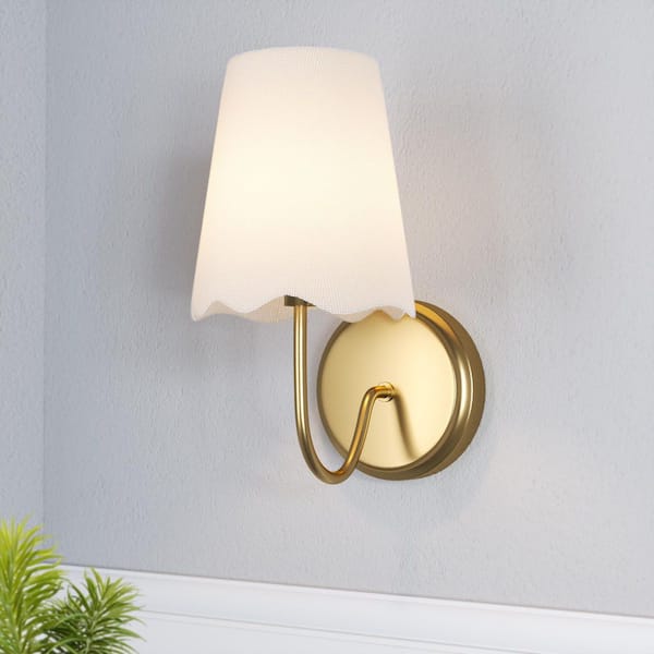 10.63 in. 1-Light Electroplating Brass Modern Indoor Applique Murale Bedroom Wall Sconces with White Linen Shade