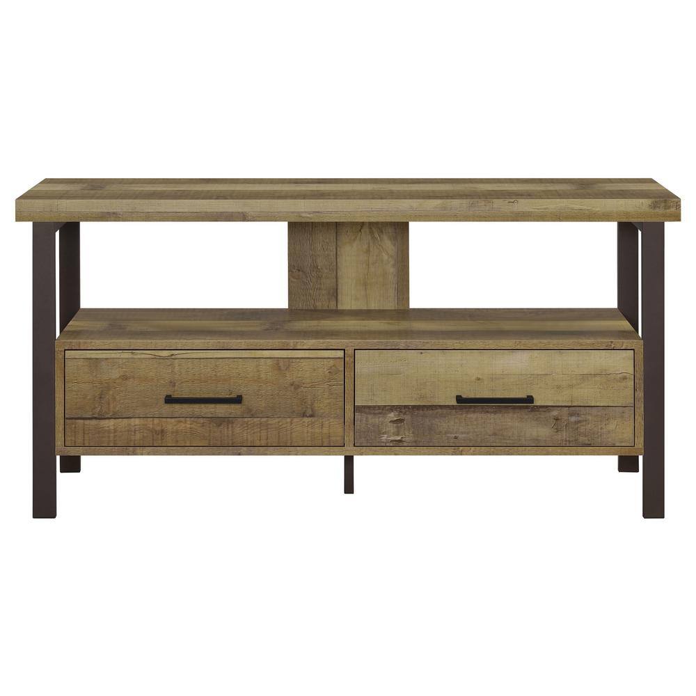 Transitional Weathered Pine TV Console with Black Legs and Storage Drawers