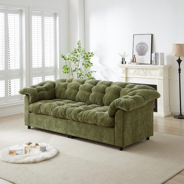 Belloc Modern 94.8 in. Pillow Top Arms Upholstered Chenille Rectangle Cloud Tufted Sofa in Green
