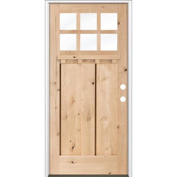 36 in. x 80 in. Knotty Alder Left-Hand/Inswing 6 Lite Beveled Clear Glass Unfinished Wood Prehung Front Door w/ DS