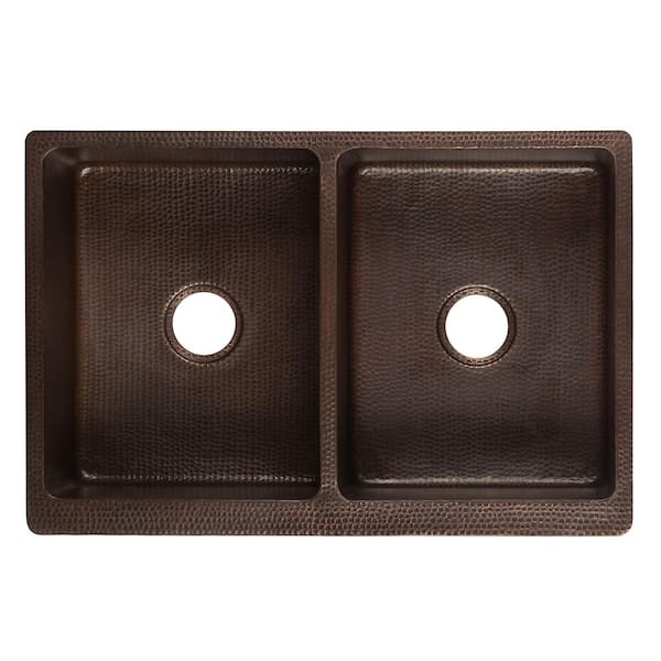 Undermount Copper 33 in. 0-Hole 50/50 Double Bowl Kitchen Sink with Scroll Design and Drain in Oil Rubbed Bronze Undermount Copper 33 in. 0-Hole 50/50 Double Bowl Kitchen Sink with Scroll Design and Drain in Oil Rubbed Bronze