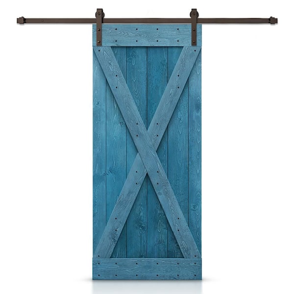 CALHOME X Series 42 in. x 84 in. Pre-Assembled Ocean Blue Stained Wood Interior Sliding Barn Door with Hardware Kit