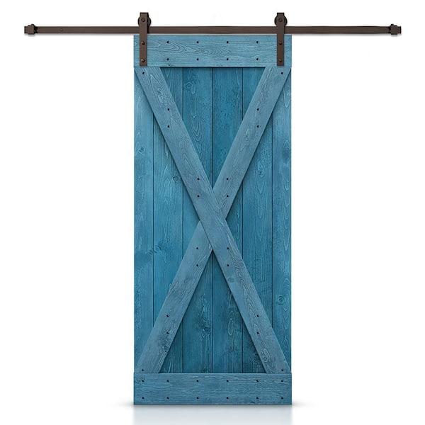 CALHOME X Series 46 in. x 84 in. Ocean Blue Stained DIY Wood Interior Sliding Barn Door with Hardware Kit