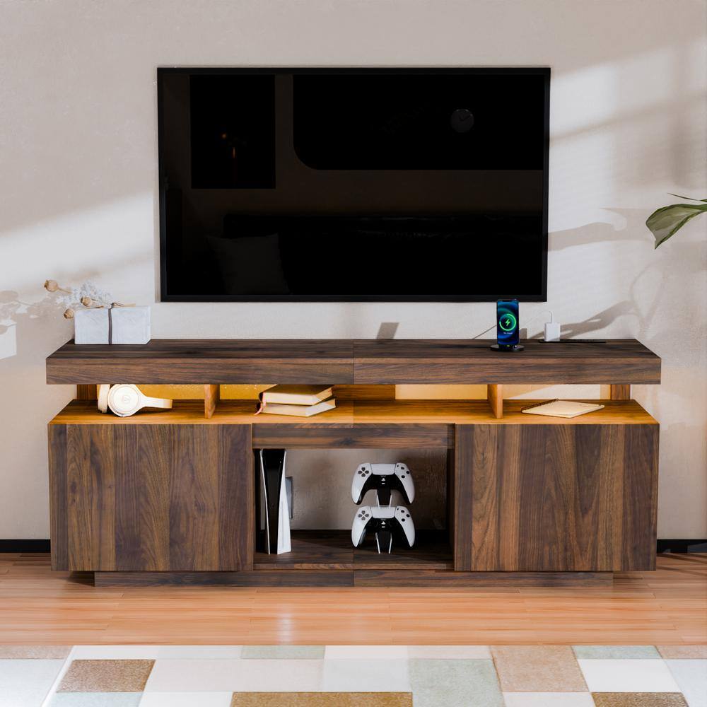 Walnut 64" Modern TV Stand with LED Lighting and Cabinets