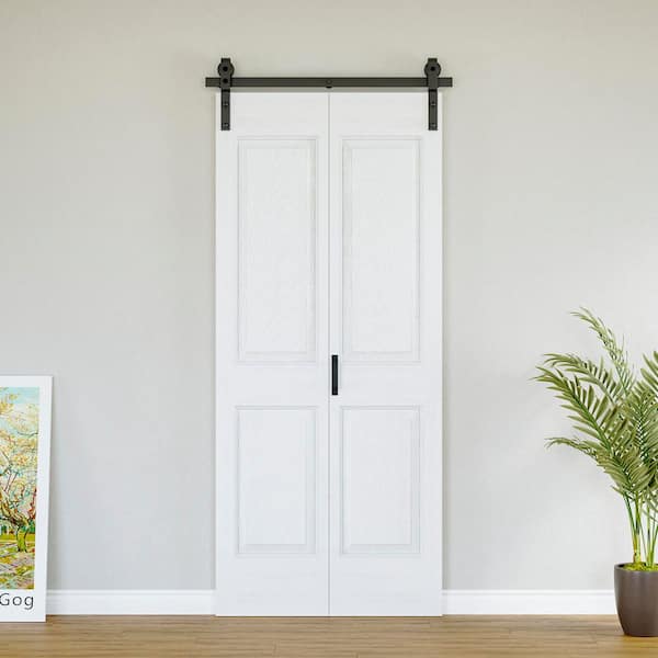36 in. x 84 in. Paneled 4-Lite White Primed Hollow Core MDF Composite Bi-fold Door with Bifold Barn Door Hardware