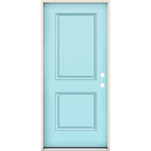 JELD-WEN 36 in. x 80 in. 2-Panel Left-Handed Square Caribbean Blue Fiberglass Prehung Front Door