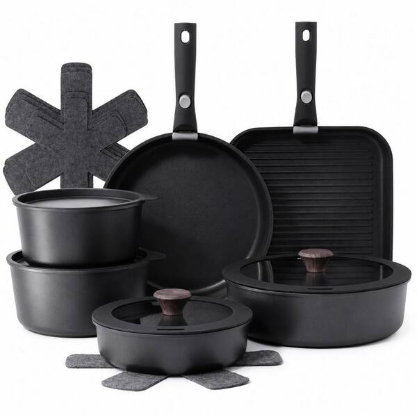 17 Piece Black Granite Nonstick Aluminum Stackable Cookware Set with Removable Handle and Glass Lids