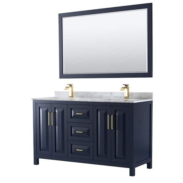 Wyndham Collection Daria 60 in. Double Vanity in Dark Blue with Marble Vanity Top in White Carrara with White Basins and 58 in. Mirror