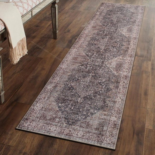 Calista Medallion Machine Washable Charcoal 2 ft. 6 in. x 6 ft. Runner Rug