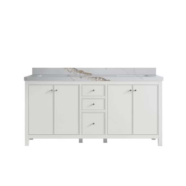 Willow Collections Chicago 72 in. Double Sink Freestanding White Bath Vanity with Calacatta Gold Qt. Top Unassembled