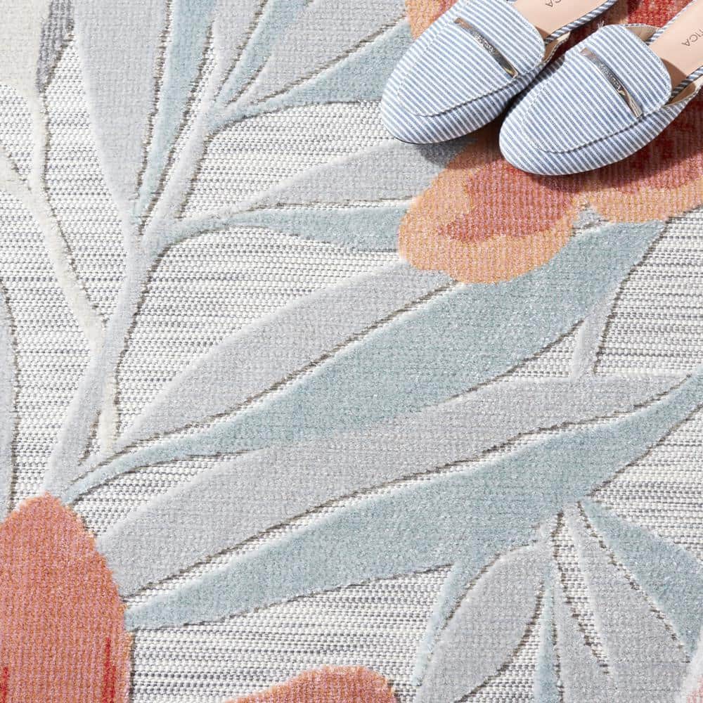 Grey and Rust Floral Washable Synthetic Area Rug