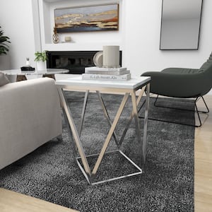 18 in. Silver Large Square Marble End Accent Table with Marble Top