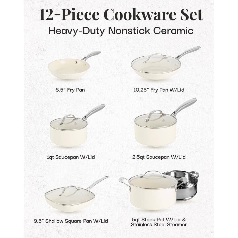 Cream 12-Piece Nonstick Aluminum and Stainless Steel Cookware Set