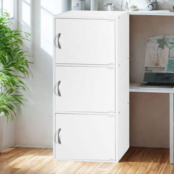 L'Baiet 35.6 in. Tall White Wood 3-Shelf Bookcase with 3-Doors