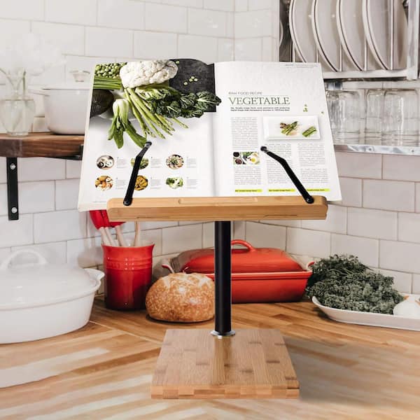 Bamboo Recipe Book Stand - Foldable Cookbook Holder For Kitchen Counter, IPad, Magazines