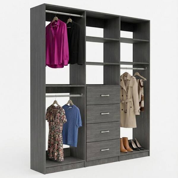 Alto Collection 105 in. W Grey Wall Mounted Double Hang, 4-Drawer and Medium Hang Wood Closet System