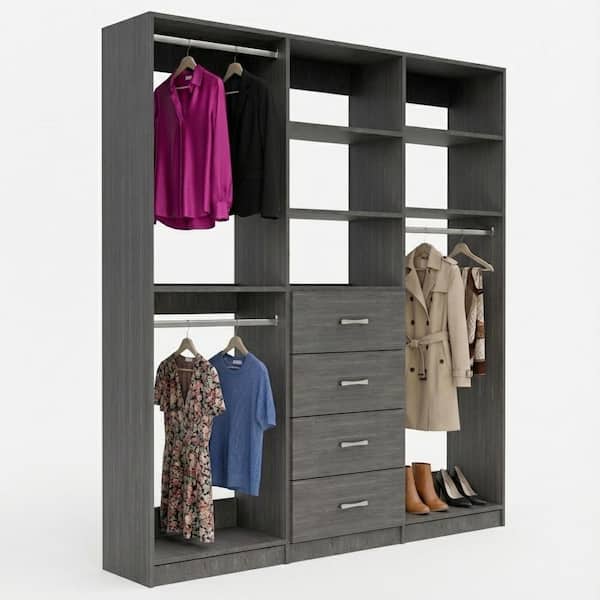 Alto Collection 58.5 in. W Grey Wall Mounted Double Hang, 4-Drawer and Medium Hang Wood Closet System