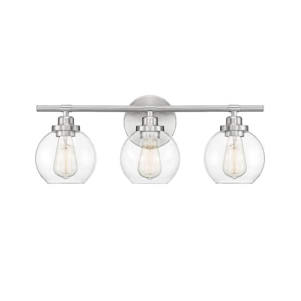Carson 22.5 in. W x 8.5 in. H 3-Light Satin Nickel Bathroom Vanity Light with Clear Glass Shades