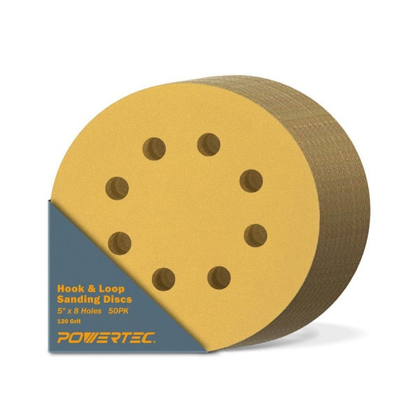 POWERTEC 5 in. 8-Hole 120-Grit Hook and Loop Sanding Discs in Gold (50-Pack)