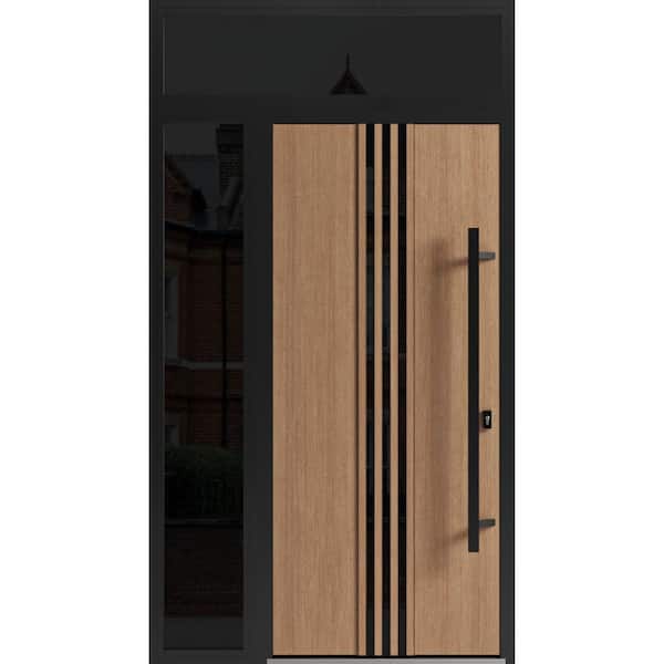 1055 52 in. x 96 in. Left-hand/Inswing 2 Sidelight Tinted Glass Teak Steel Prehung Front Door with Hardware