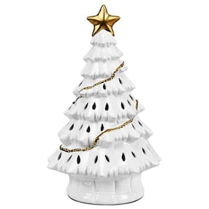 11 in. White Pre-Lit Ceramic Hollow Christmas Tree with LED Lights