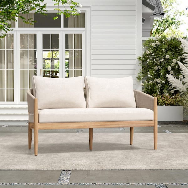 Natural Wood Outdoor Loveseat with Beige Cushions, Light Brown Rope