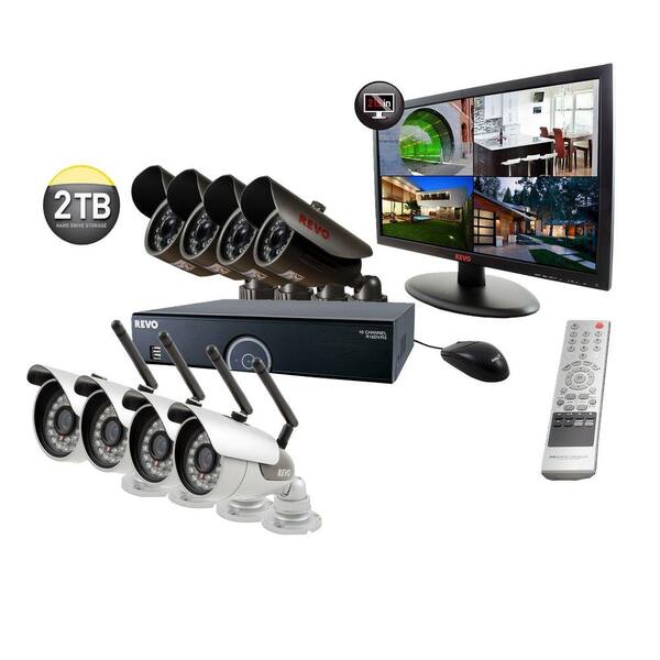 Revo 16-Channel 2TB DVR Surveillance System with 4 Wireless Bullet Cameras, 4 Wired Bullet Cameras and 21.5 in. Monitor