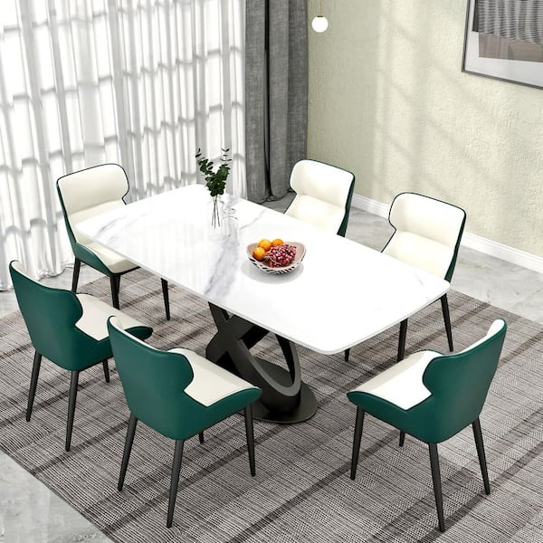 Set of 6 PU Leather Dining Chair Morden Desk Chair with Black Iron Legs in Green