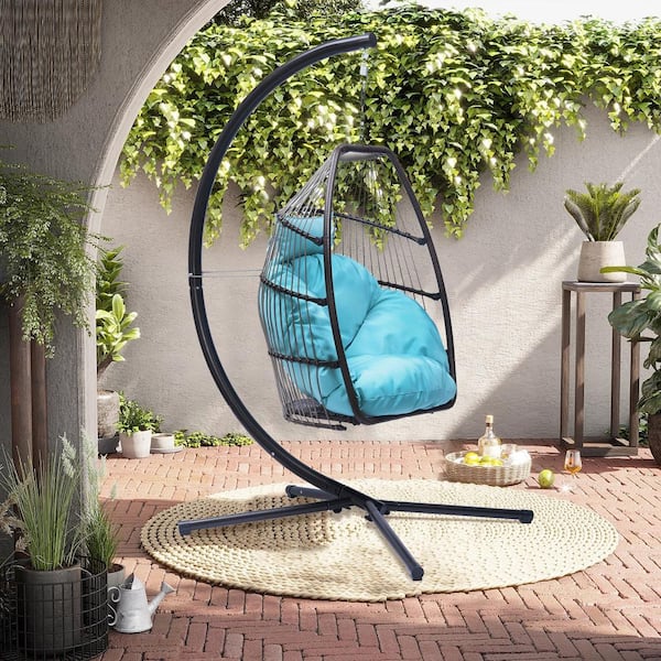 Satico 78 in. C-Shape Bracket Outdoor Patio Wicker Rattan Steel Swing Chair with Blue Cushion and Pillow
