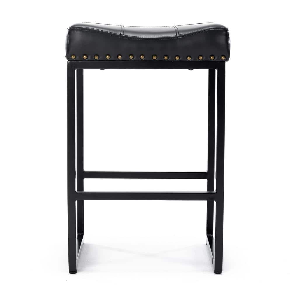 LUE BONA 24 in. Black Metal Counter Stool with Faux Leather Seat