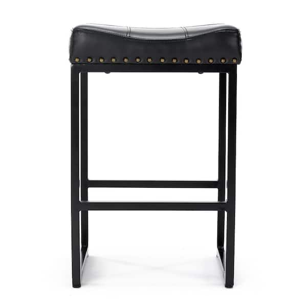 LUE BONA 24 in. Black Metal Counter Stool with Faux Leather Seat Backless Bar Stools (Set of 3)