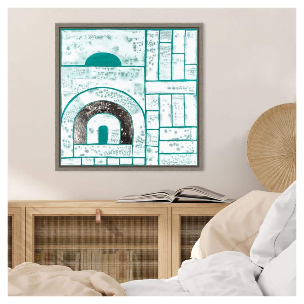 Beryl Motif II Teal and White Abstract Canvas Art with Greywash Frame