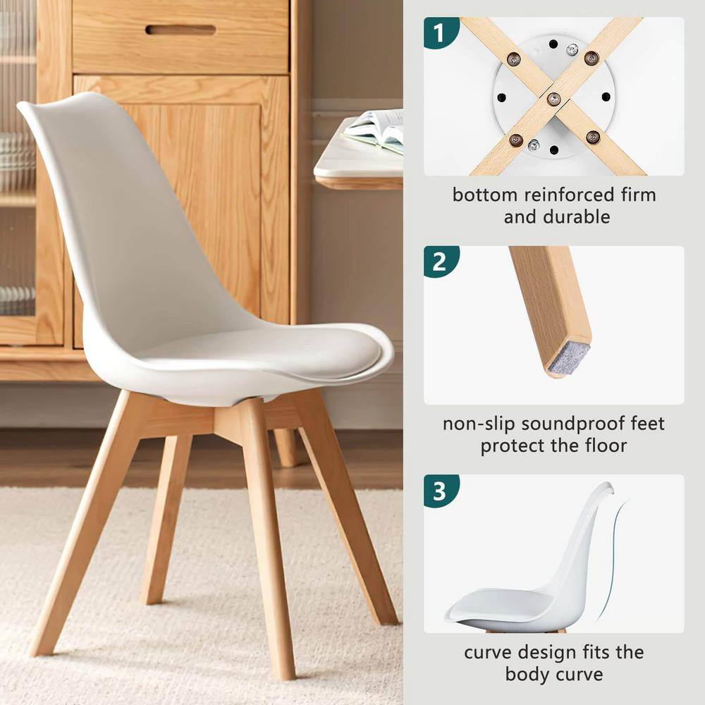 Set of 4 White Faux Leather Upholstered Dining Side Chairs with Wood Legs