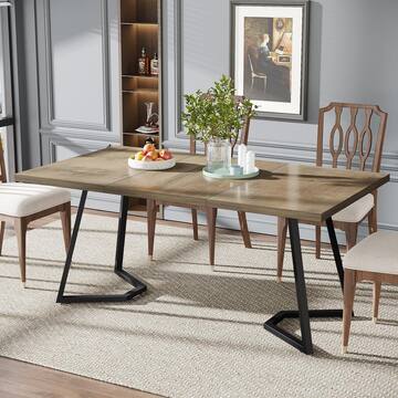 Farmhouse Grey & Black Wood 55 in. Trestle Dining Table, Dinner Table with Metal Legs Seats 6
